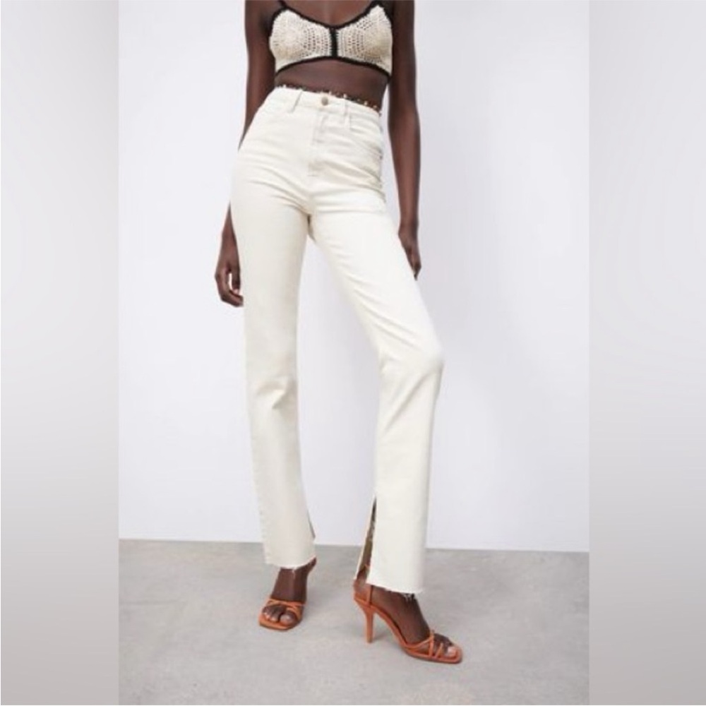 Zara Women's Cream High-Waisted Split Hem Jeans 0
